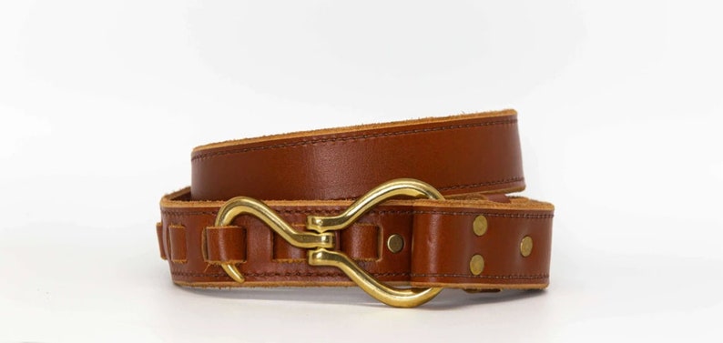 tan buffalo belt with brass hoof pick belt clasp 32